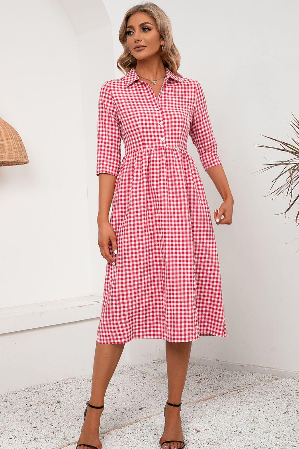 Plaid Collared Neck Midi Dress - Dresses