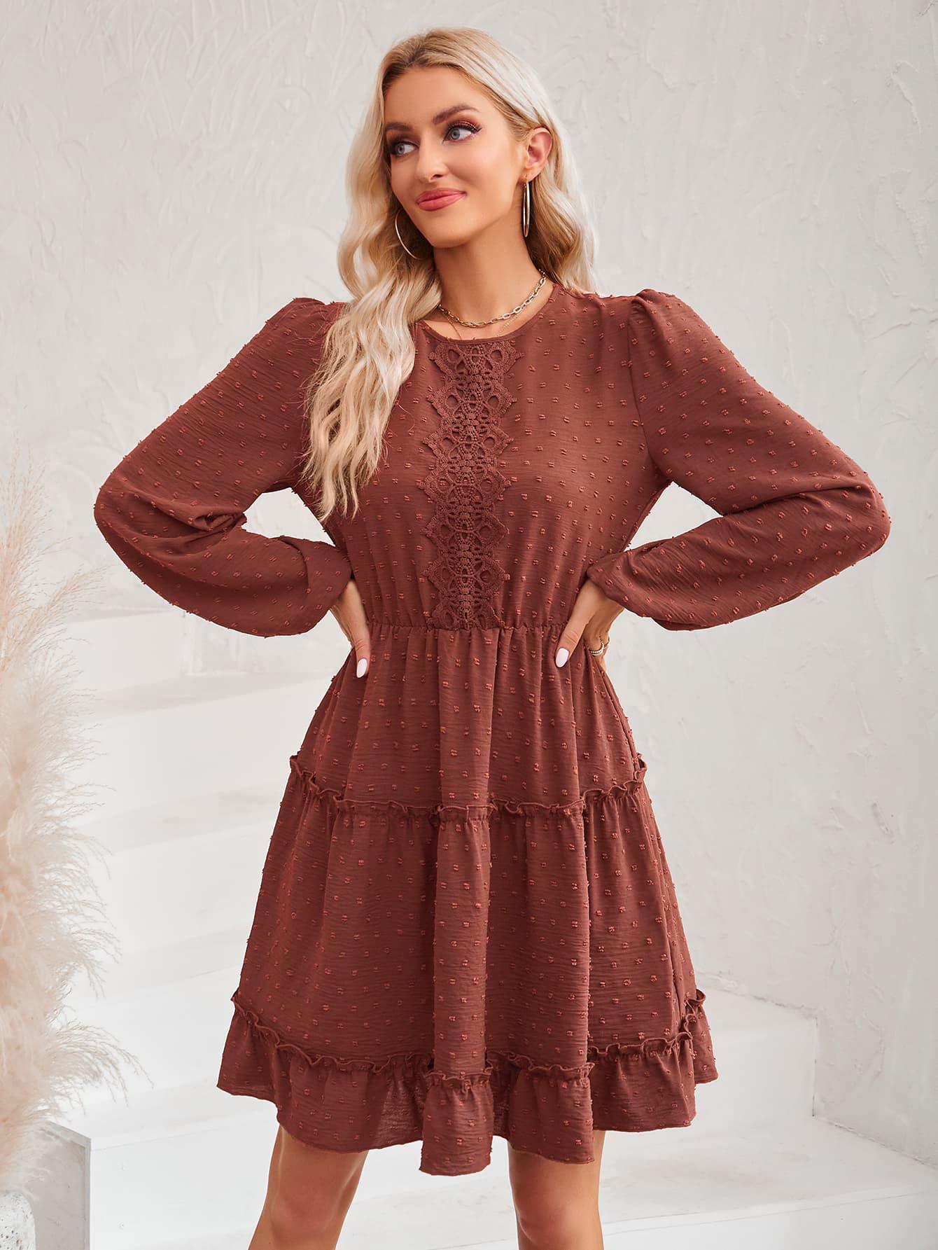 Swiss Dot Lace Trim Long Balloon Sleeve Dress - 