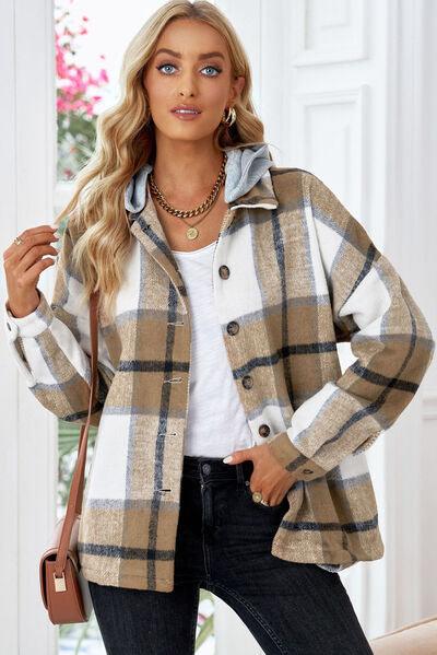 Button Up Plaid Hooded Shacket - Jacket