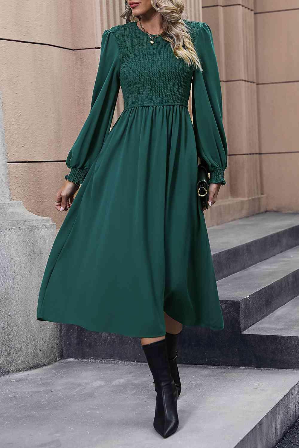 Smocked Long Sleeve Midi Dress - Dresses