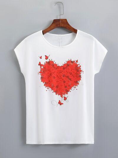 Heart Round Neck Short Sleeve T-Shirt - T-Shirt