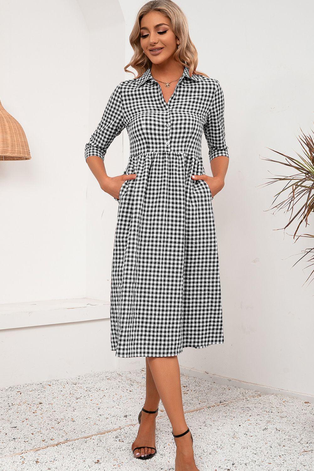 Plaid Collared Neck Midi Dress - Dresses