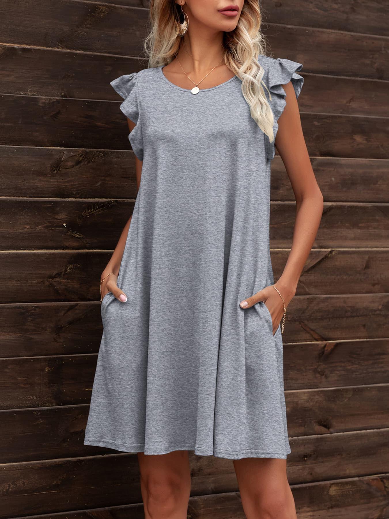 Round Neck Flutter Sleeve Dress with Pockets - Dresses