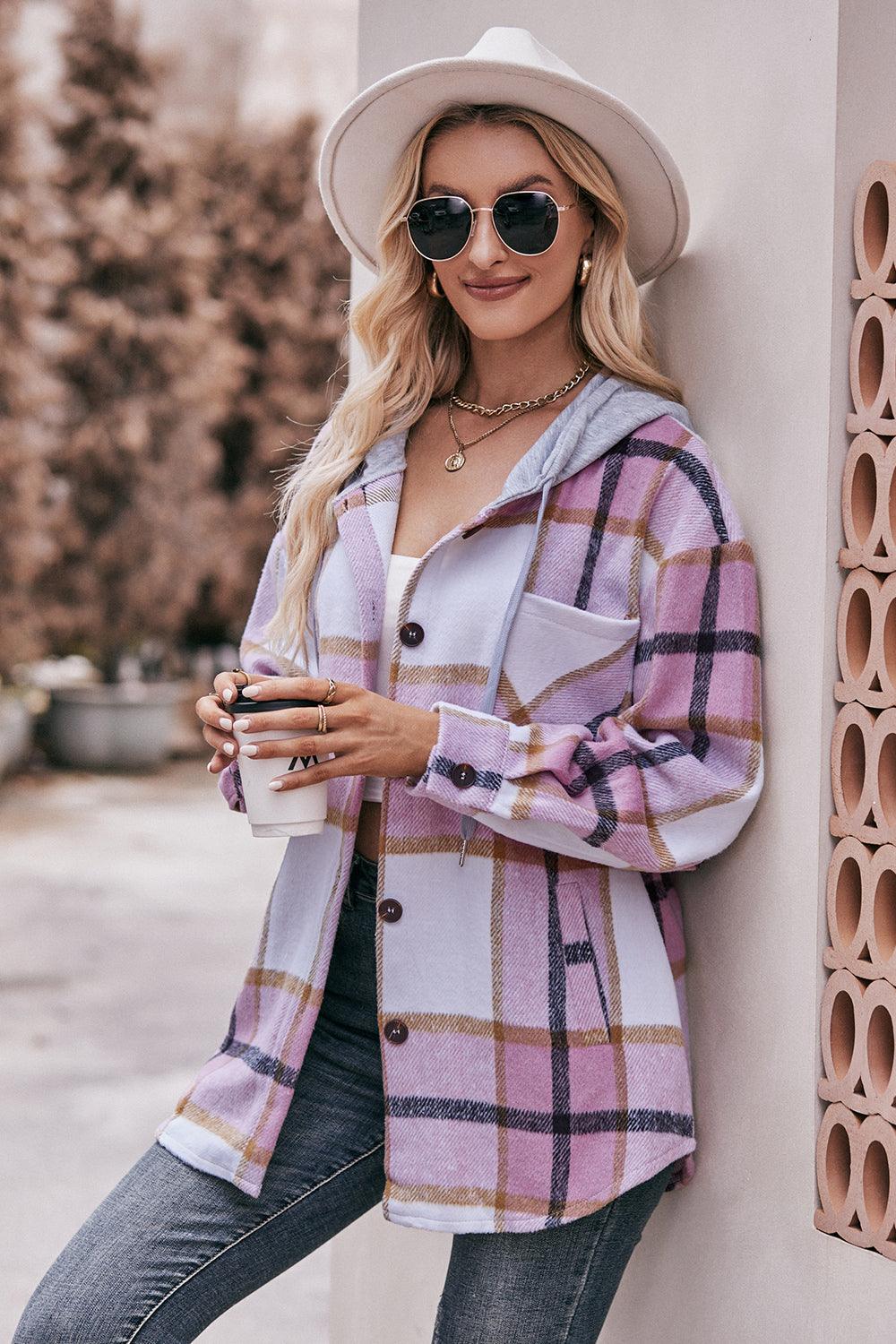 Plaid Dropped Shoulder Hooded Shacket - Jacket