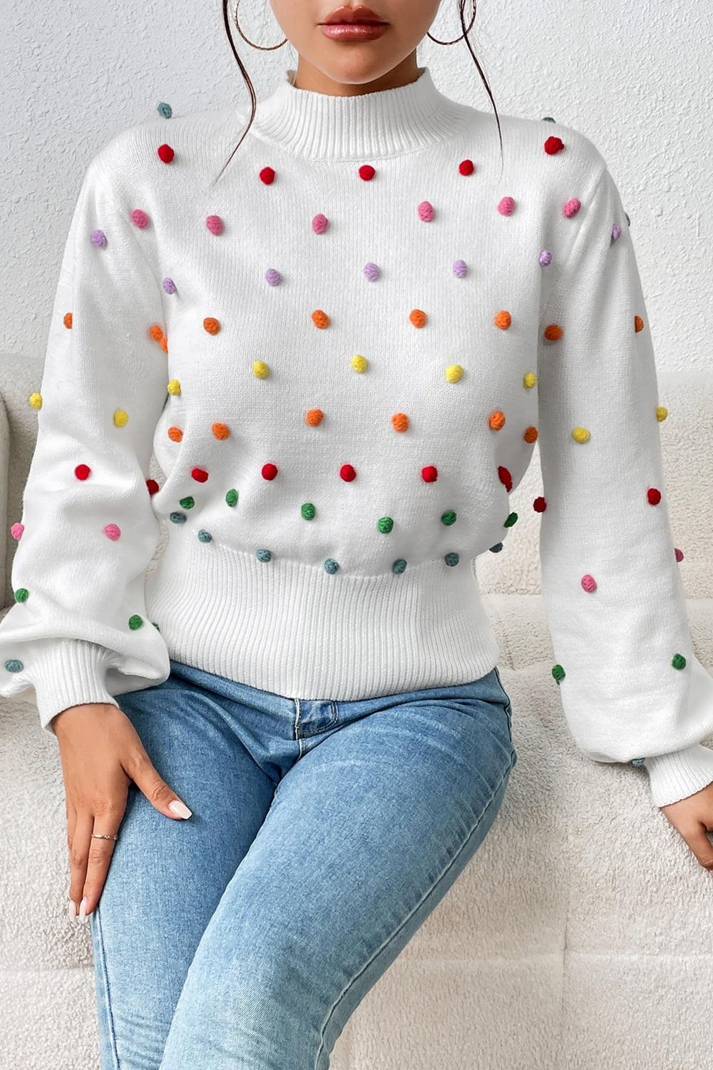 Pom-Pom Trim Mock Neck Long Sleeve Pullover Sweater - Sweater