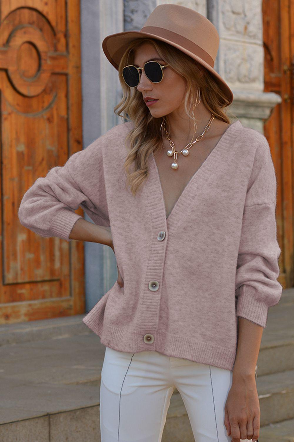 V-Neck Button-Down Dropped Shoulder Cardigan - Cardigan