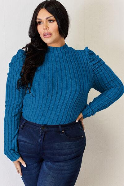 Basic Bae Full Size Ribbed Mock Neck Puff Sleeve Top - Top