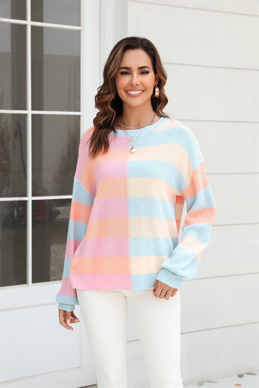 Round Neck Color Block Striped Sweater - Sweater