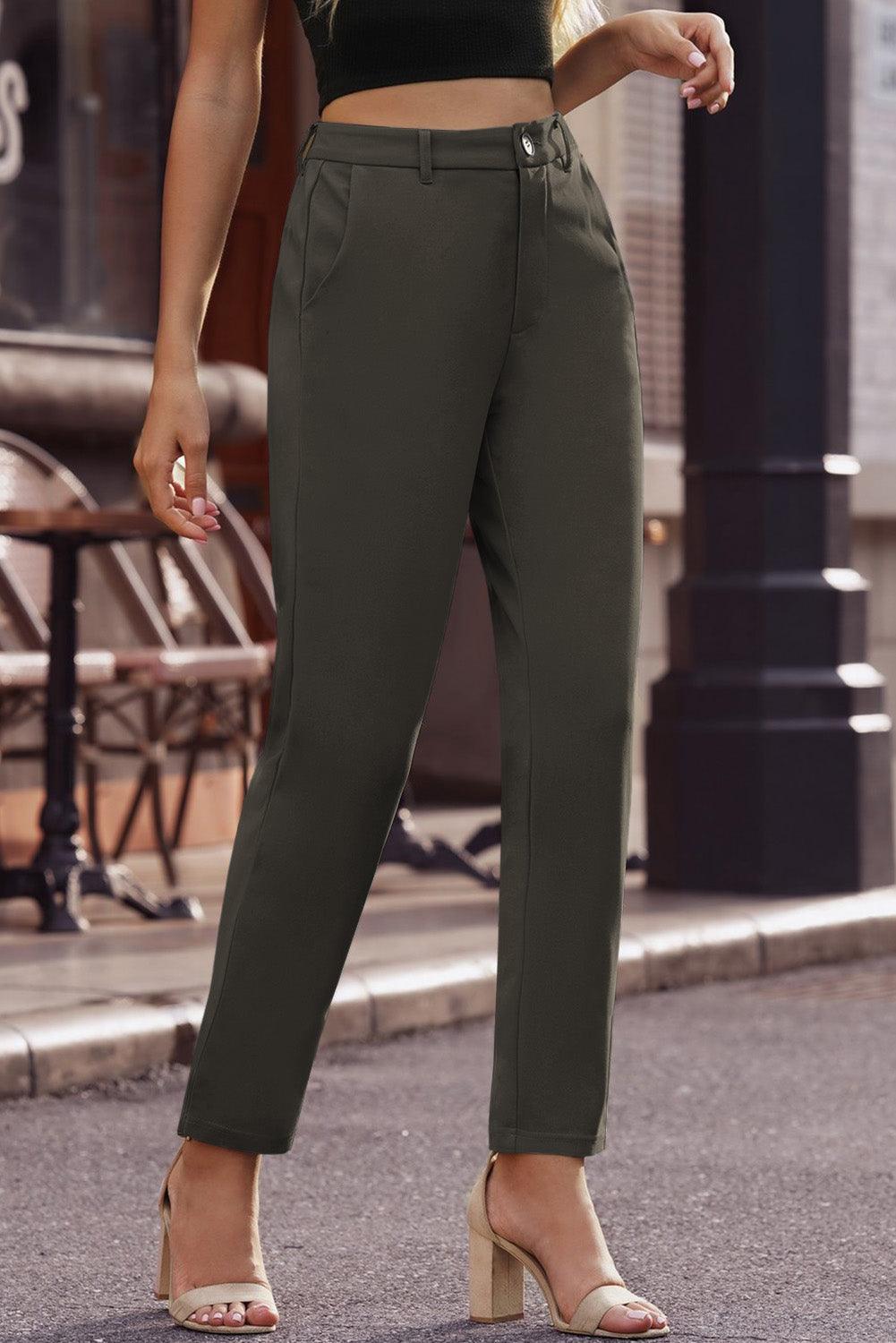 Cropped Straight Leg High Waist Pants with Pockets - Pant