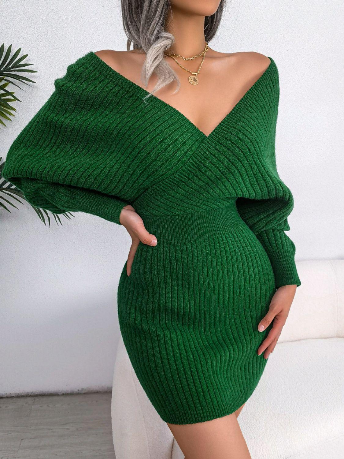 Rib-Knit Dolman Sleeve Sweater Dress - Dresses