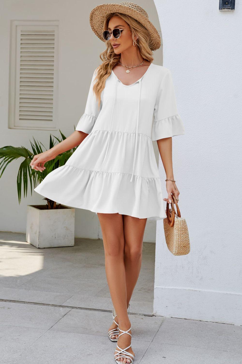 Tied Flounce Sleeve Tiered Mini Dress - Dresses