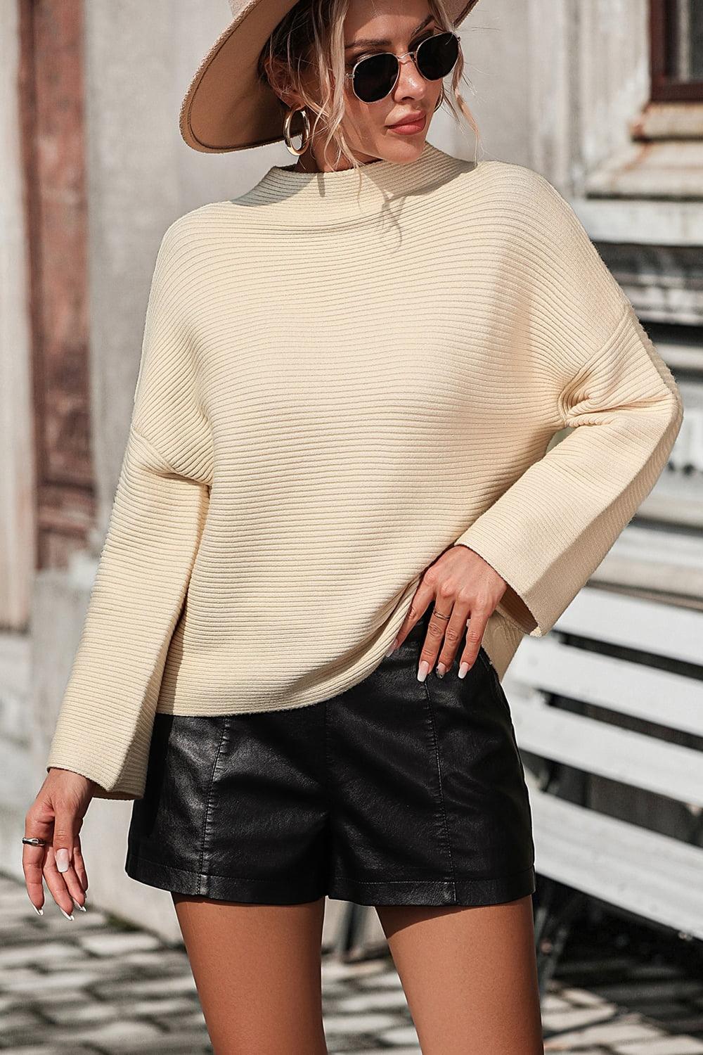 Mock Neck Dropped Shoulder Pullover Sweater - Sweater