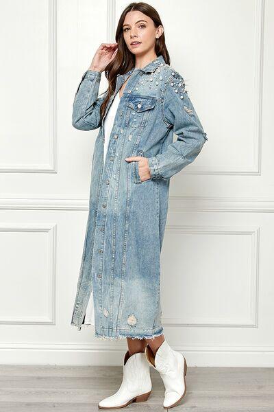 Veveret Distressed Pearl Detail Denim Jacket - Jacket