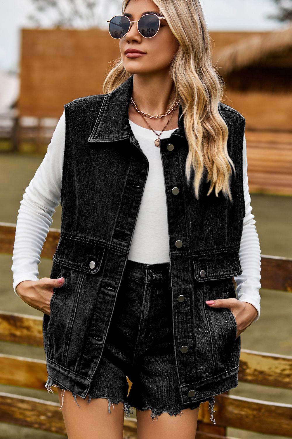 Collared Neck Denim Vest with Pockets - Denim Vest