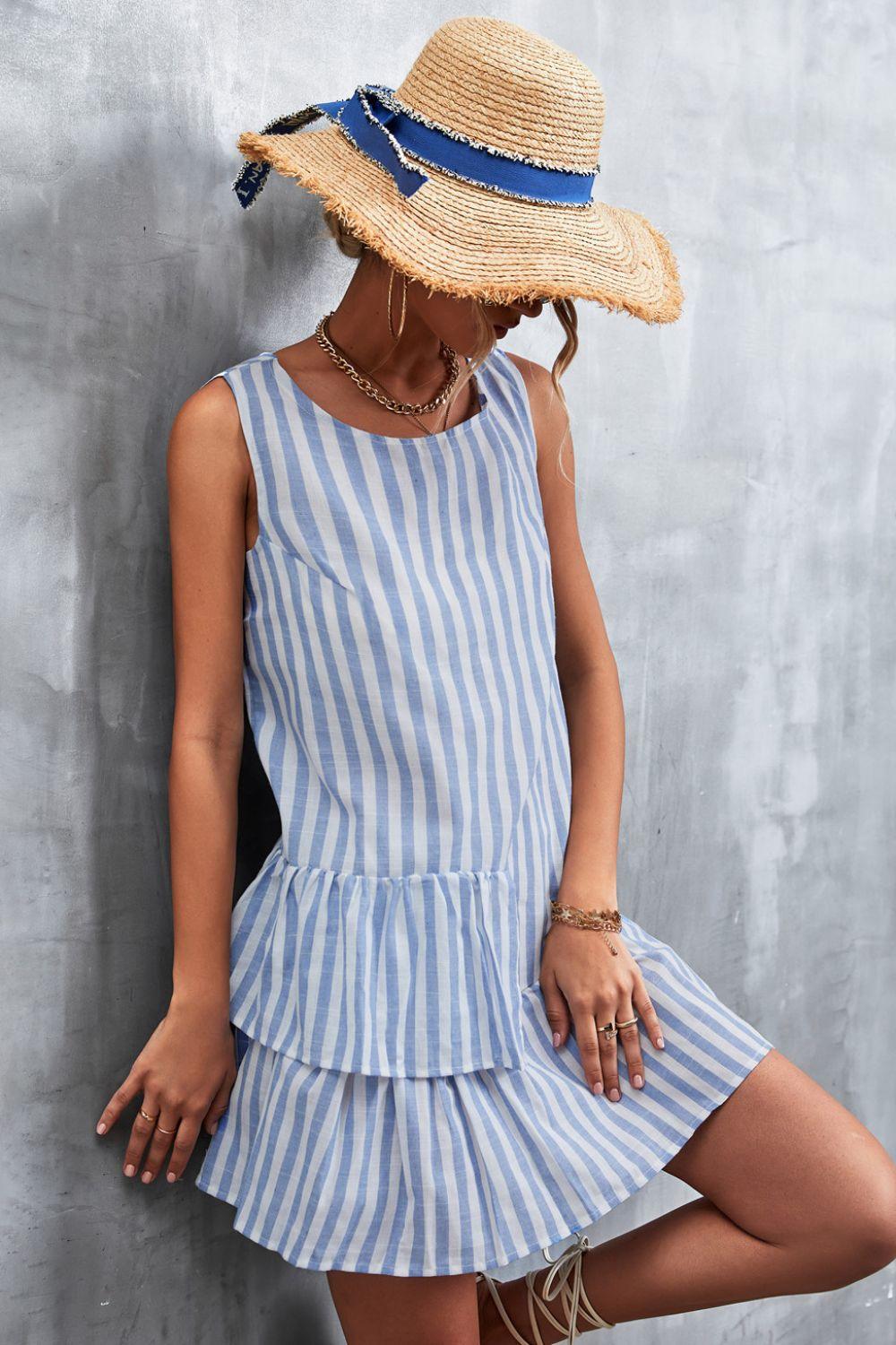 Striped Layered Sleeveless Round Neck Mini Dress - Dresses