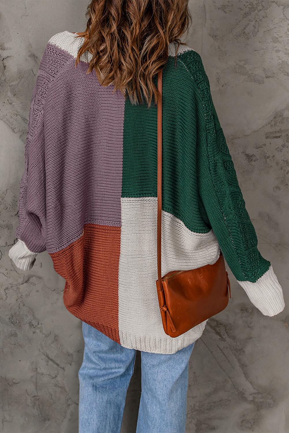 Woven Right Color Block Cable-Knit Batwing Sleeve Cardigan - Cardigan