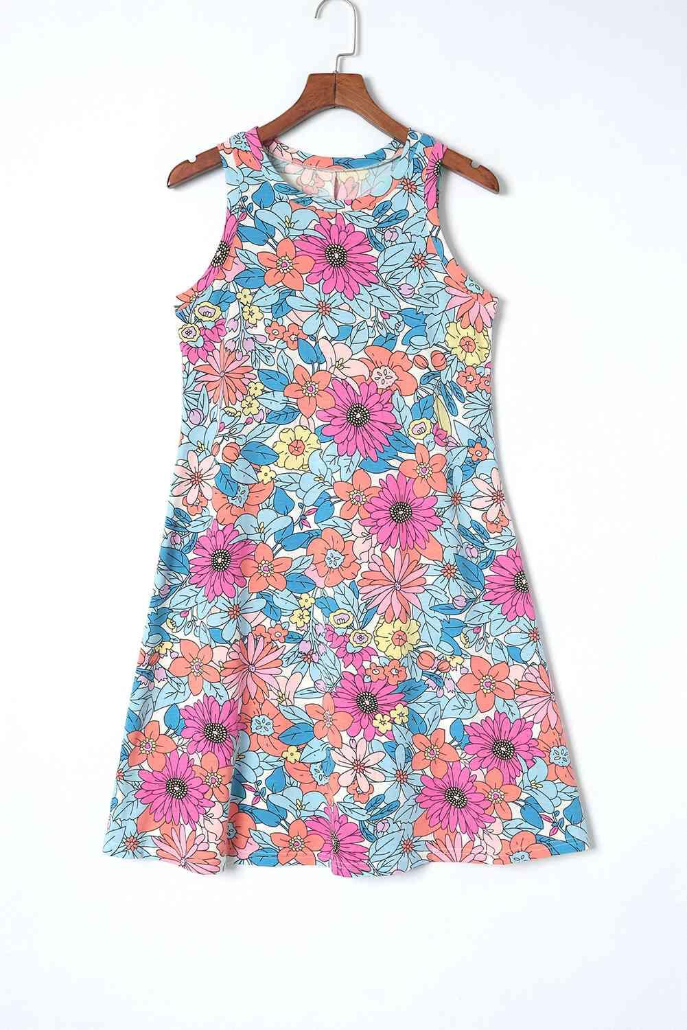 Floral Round Neck Sleeveless Dress - Dresses