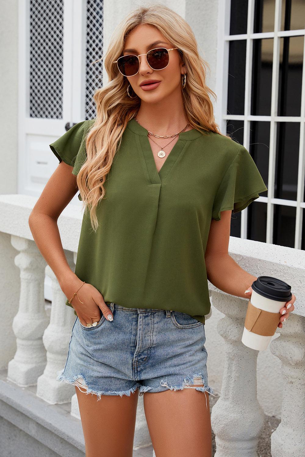 Notched Cap Sleeve Top - Top