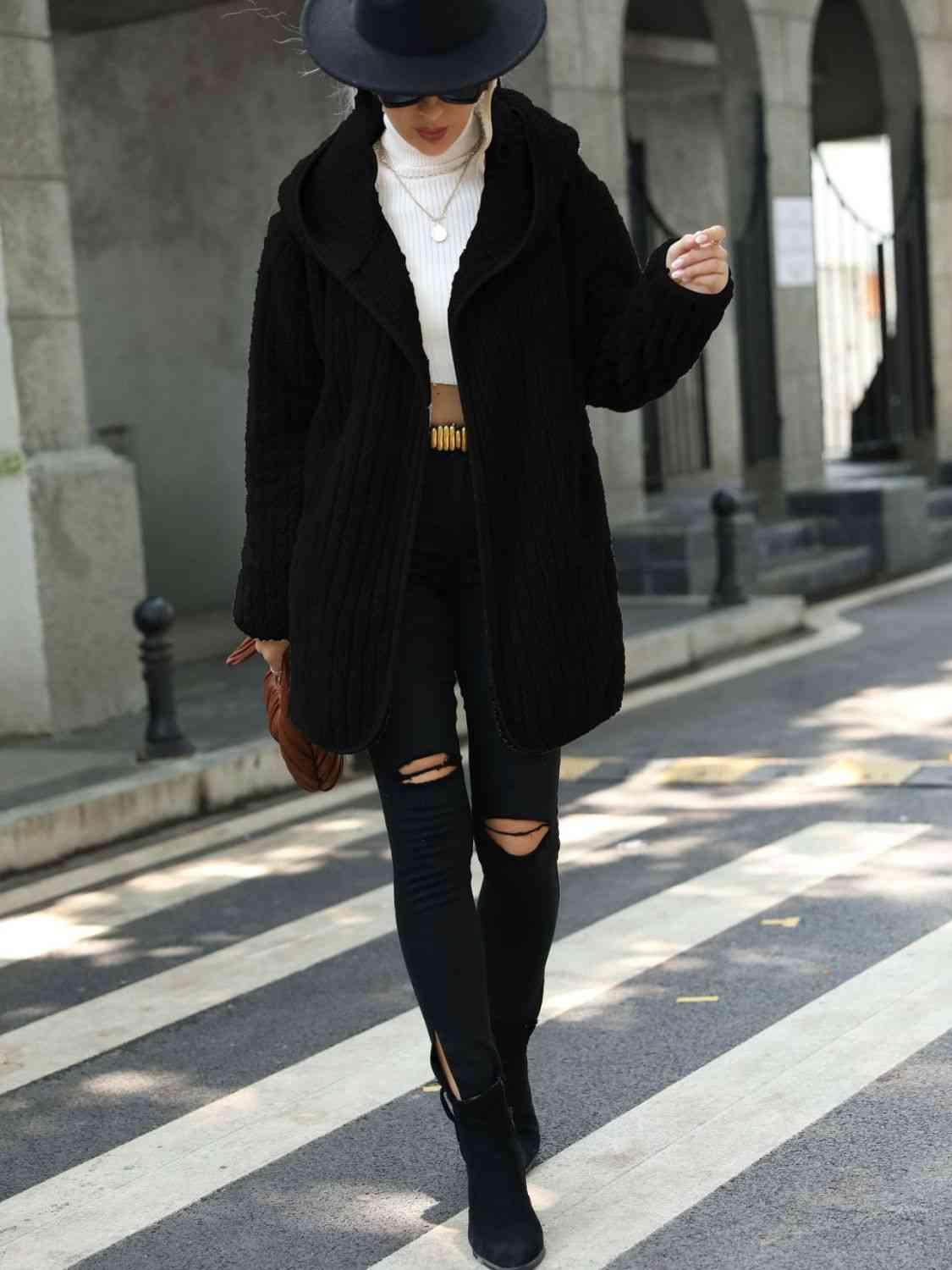 Open Front Ribbed Hooded Fleece Coat - Coat