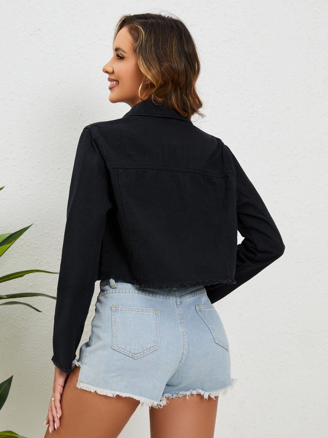 Collared Neck Raw Hem Cropped Denim Jacket - Jacket