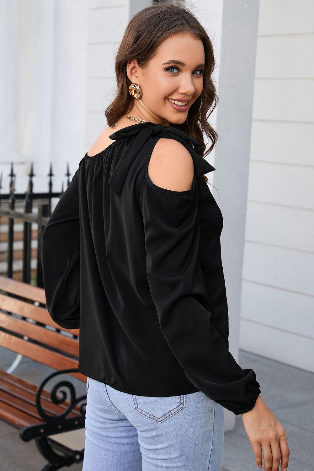 Double Take Tied Asymmetrical Neck Cold-Shoulder Top - Top