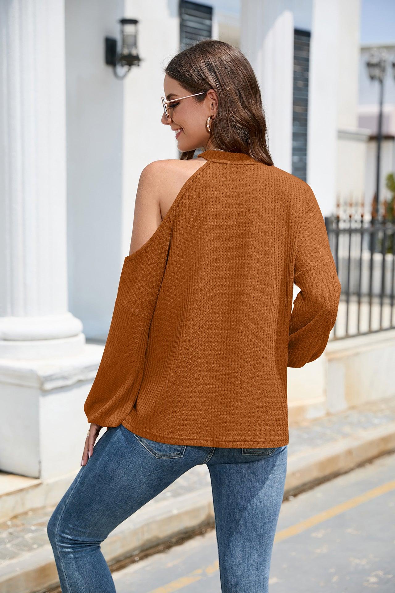 Cold Shoulder Long Lantern Sleeve Waffle-Knit Top - Top