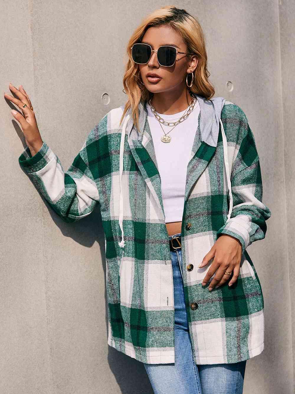 Plaid Dropped Shoulder Hooded Shacket - Jacket