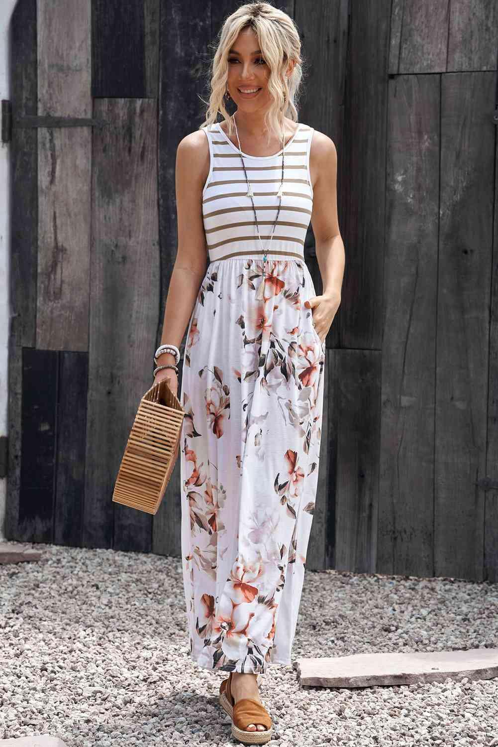 Striped Floral Round Neck Sleeveless Maxi Dress - Dresses