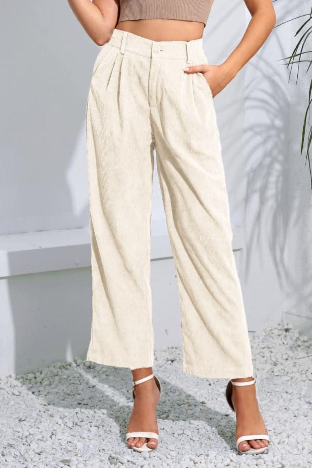 Cropped Buttoned Straight Leg High Waist Pleated Pants - Pant