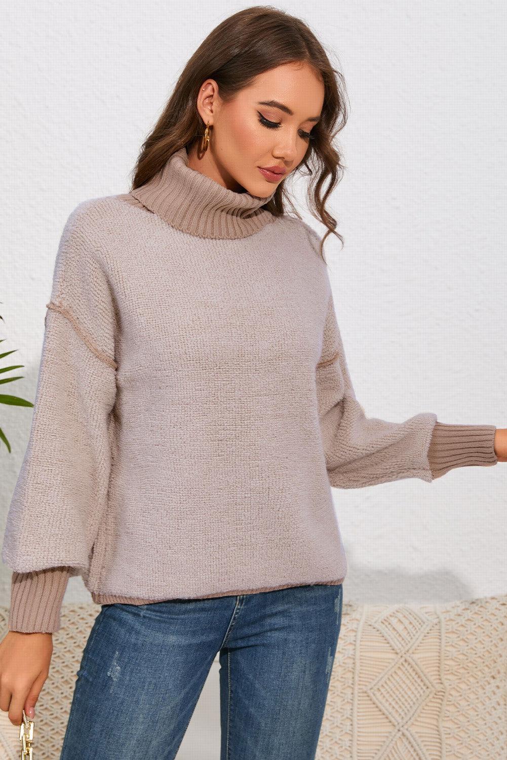 Ribbed Turtle Neck Lantern Sleeves Sweater - Sweater