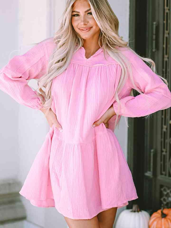 Ruched Long Sleeve Mini Dress - Dresses