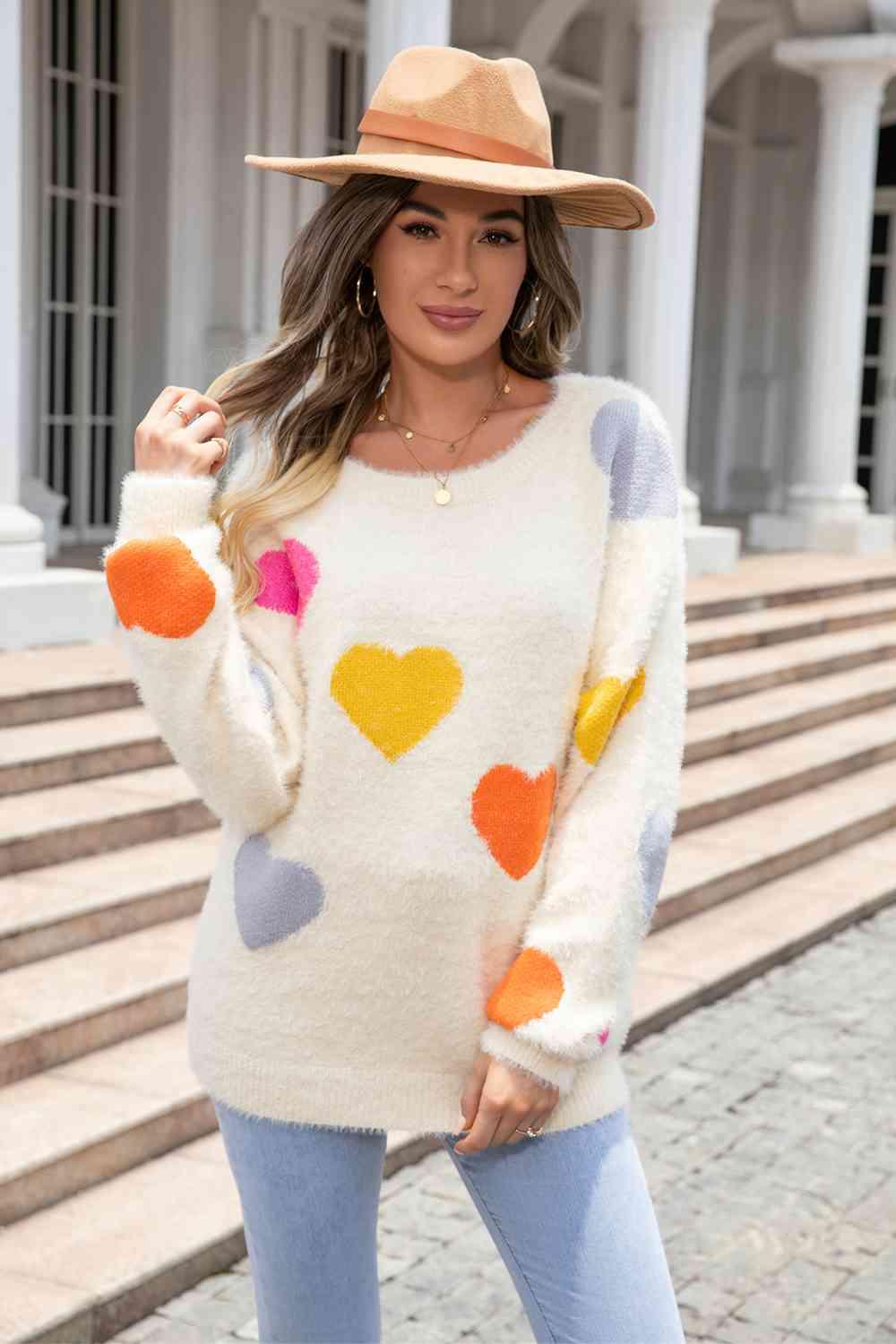 Heart Pattern Round Neck Sweater - Sweater