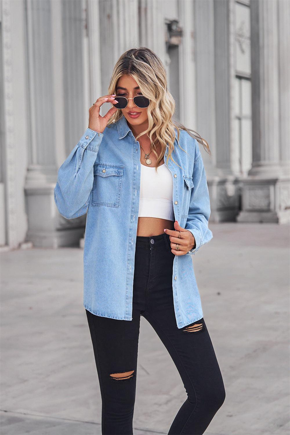 Collared Neck Button Down Collar Long Sleeve Denim Shirt - Shirt