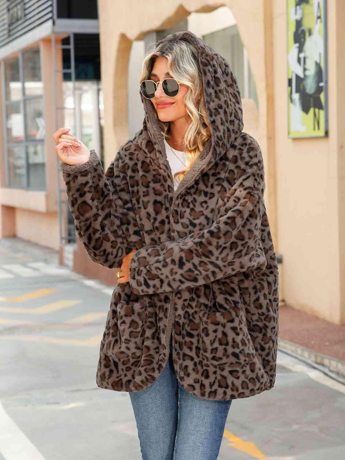 Leopard Hooded Fleece Coat - Coat