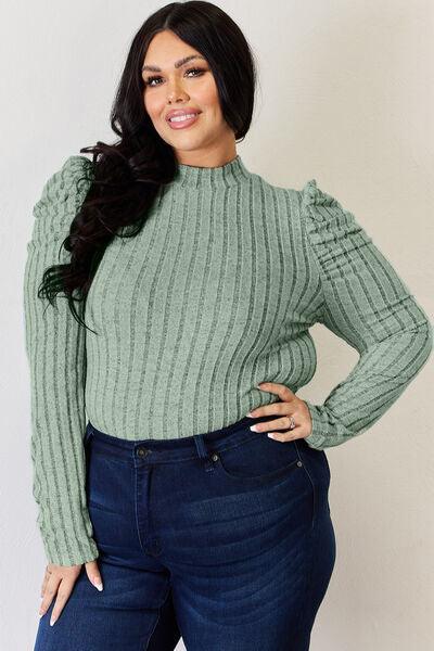 Basic Bae Full Size Ribbed Mock Neck Puff Sleeve Top - Top