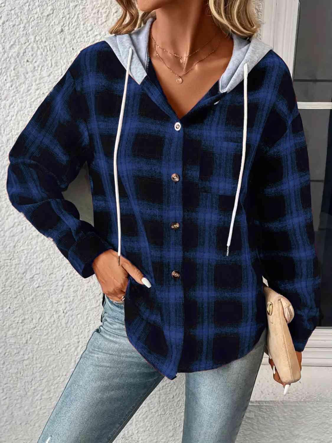 Plaid Drawstring Button Up Hooded Shacket - Jacket