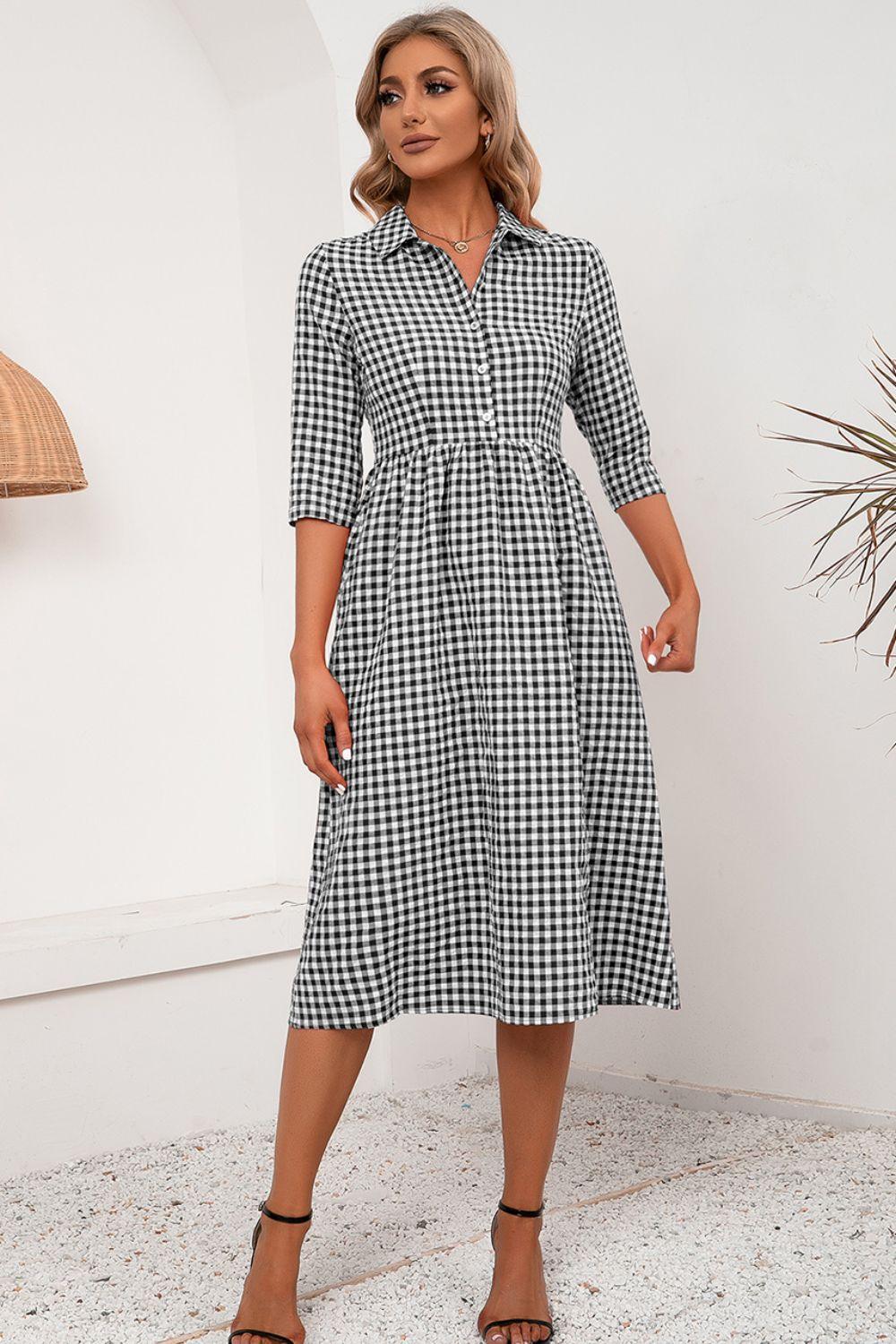 Plaid Collared Neck Midi Dress - Dresses