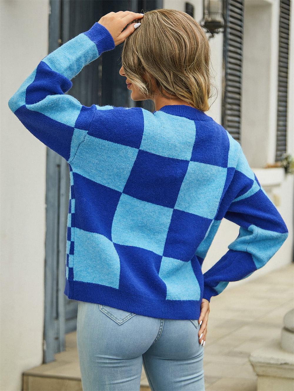 Checkered V-Neck Dropped Shoulder Sweater Cardigan - Cardigan