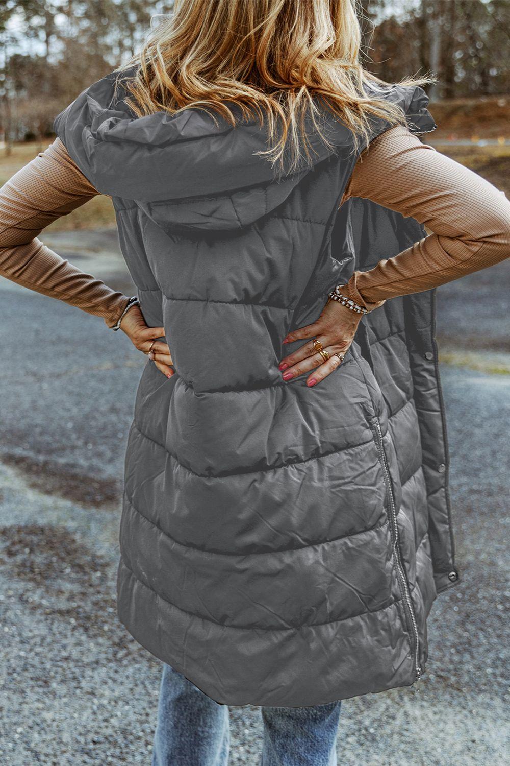 Longline Hooded Sleeveless Puffer Vest - Vest