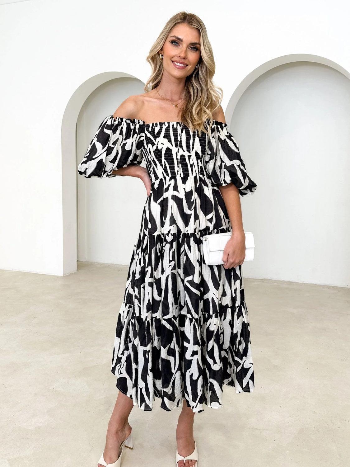 Floral Smocked Off-Shoulder Tiered Midi Dress - Dresses