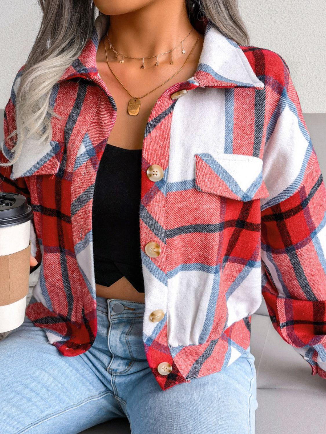 Plaid Collared Neck Cropped Shirt Jacket - Jacket