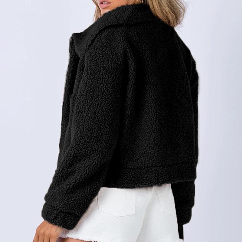 Collared Neck Zip-Up Cropped Sherpa Jacket - Jacket