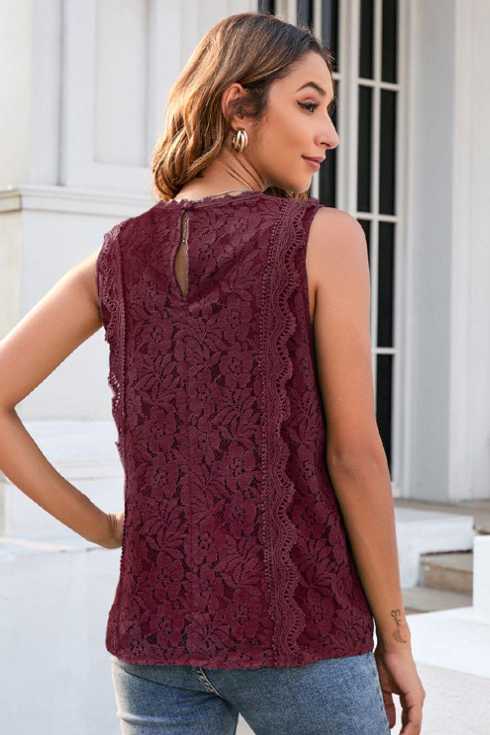 Lace V-Neck Lined Sleeveless Tank Top - Tank