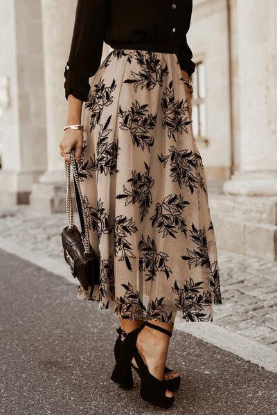 Floral Embroidered High Waist Chiffon Midi Skirt - Skirt