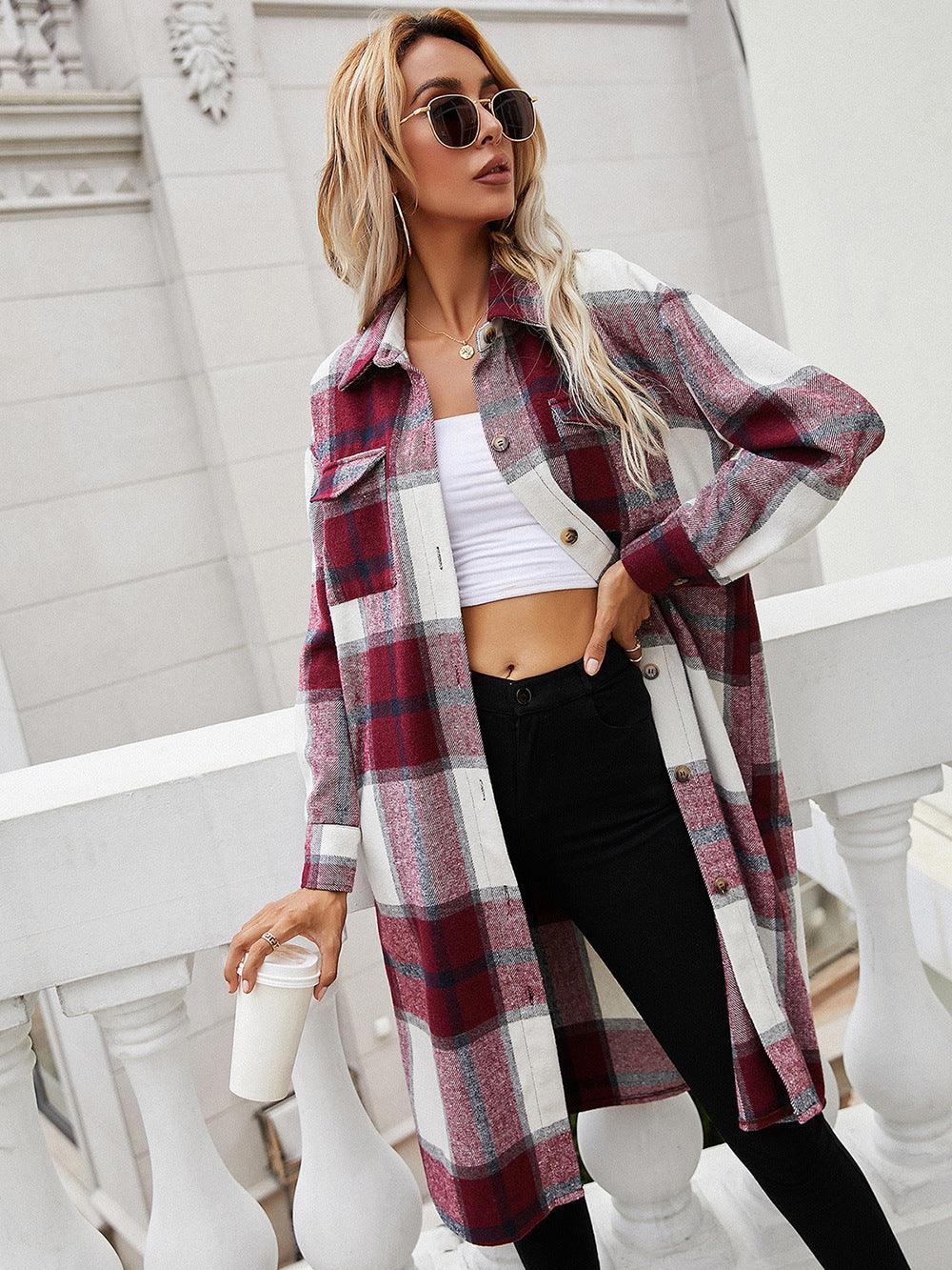 Plaid Longline Shirt Jacket With Pockets - Jacket