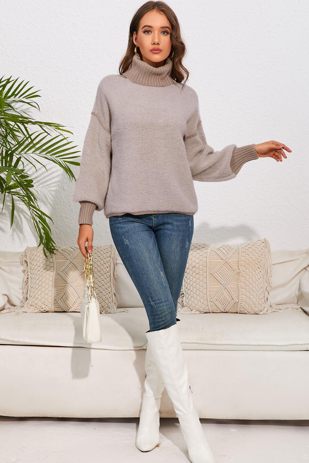 Ribbed Turtle Neck Lantern Sleeves Sweater - Sweater