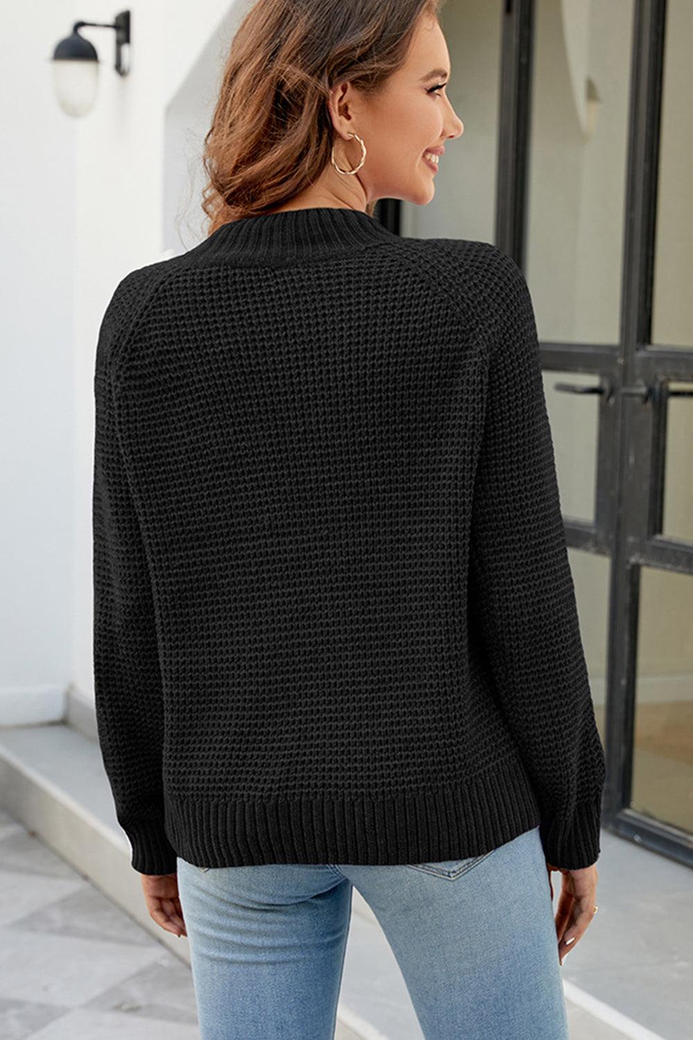 Waffle-Knit Mock Neck Raglan Sleeve Sweater - Sweater