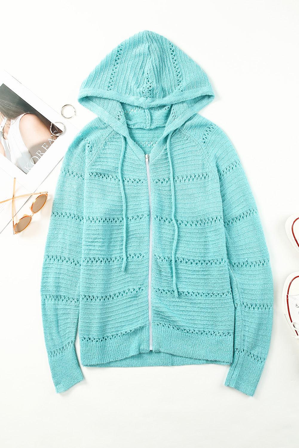 Color Block Zip-Up Openwork Hooded Cardigan - Cardigan