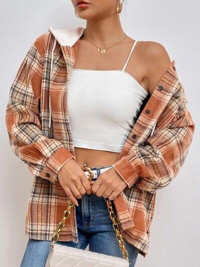 Plaid Button Up Drawstring Hooded Shacket - Jacket