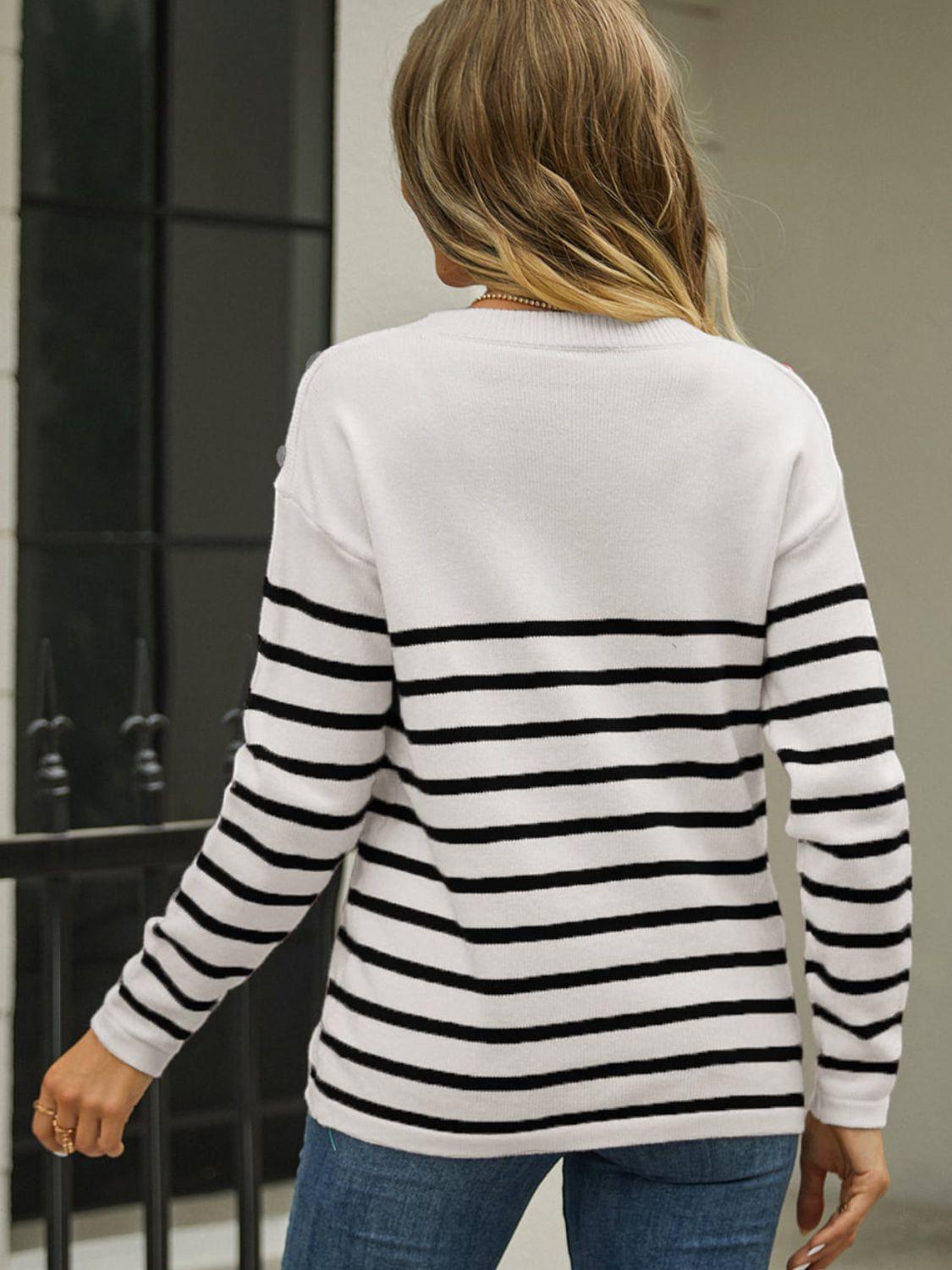 Round Neck Buttoned Shoulder Striped Sweater - Sweater